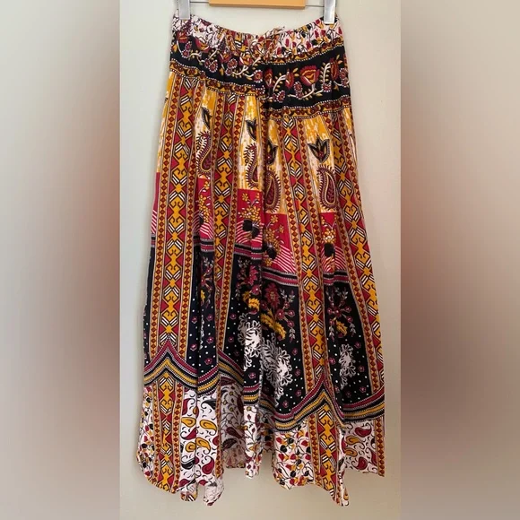 Boho Mixed Print Wide-Leg Crop Culotte Pant Size Small Festival - Picture 2 of 8